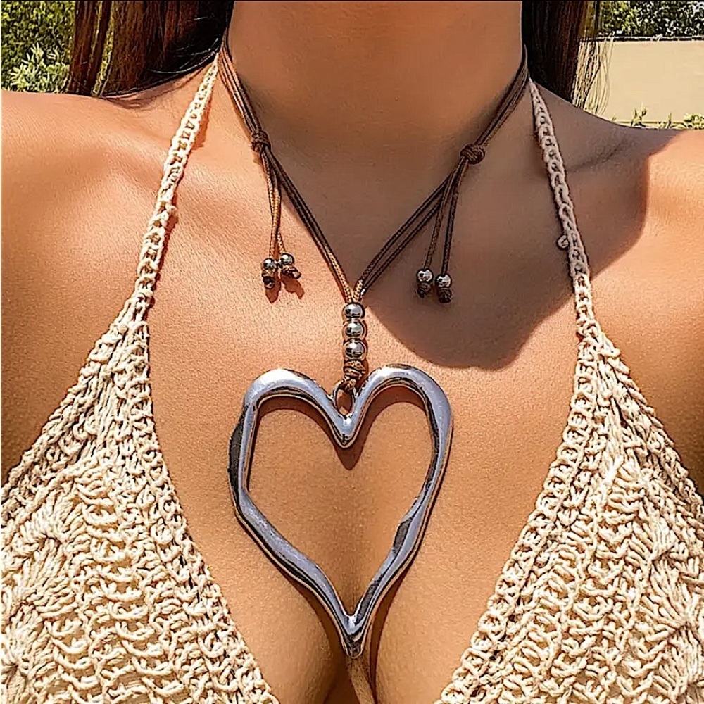 Exaggerated Silver Heart Statement Necklace Boho Oversized